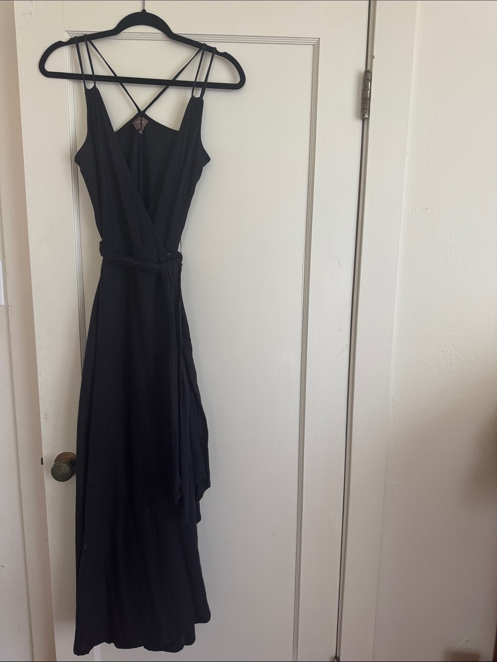 Linen Black Strappy Wrap Maxi Dress